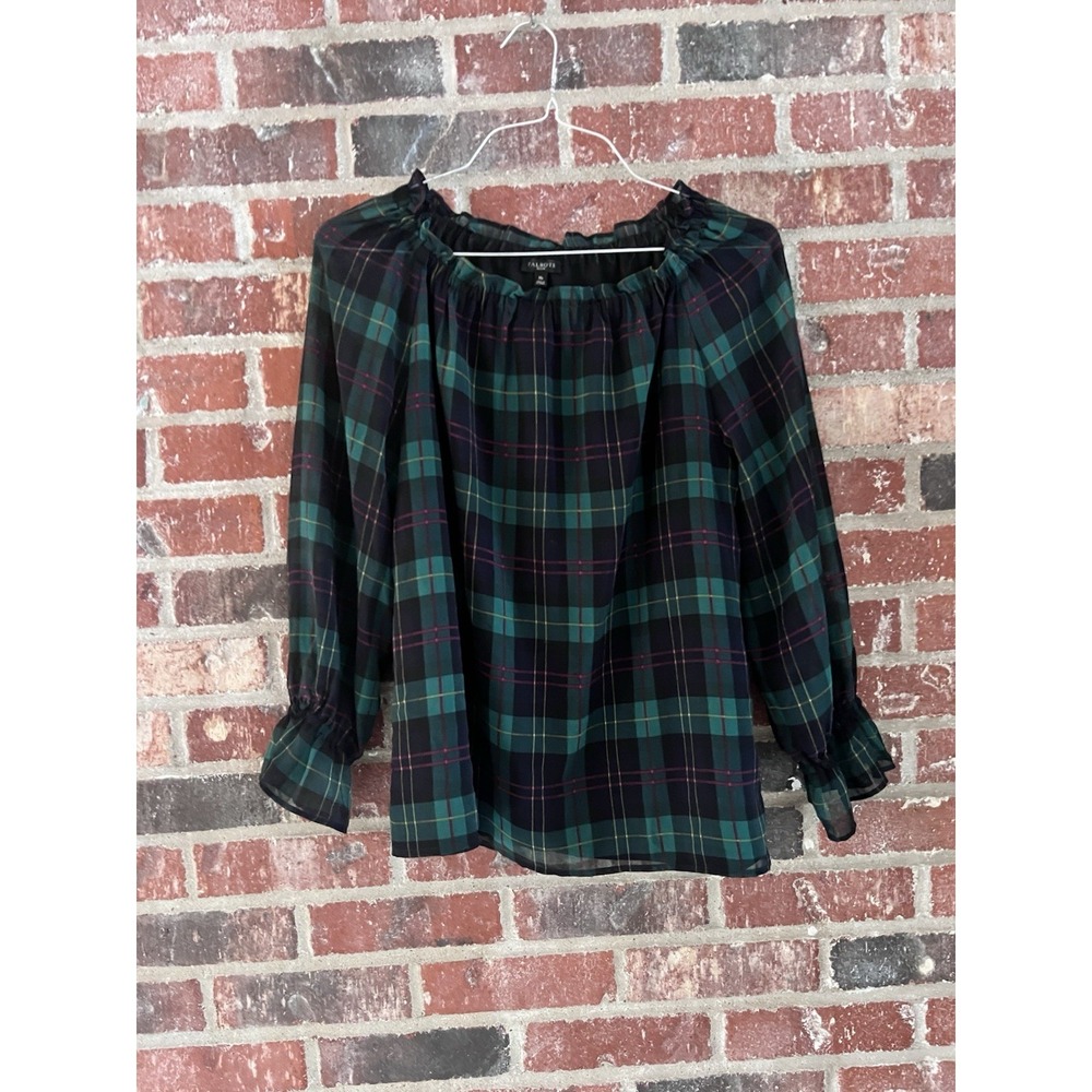 Talbots Tartan Plaid Ruffle Blouse Mp Green Holiday Poet Sleeves Feminine